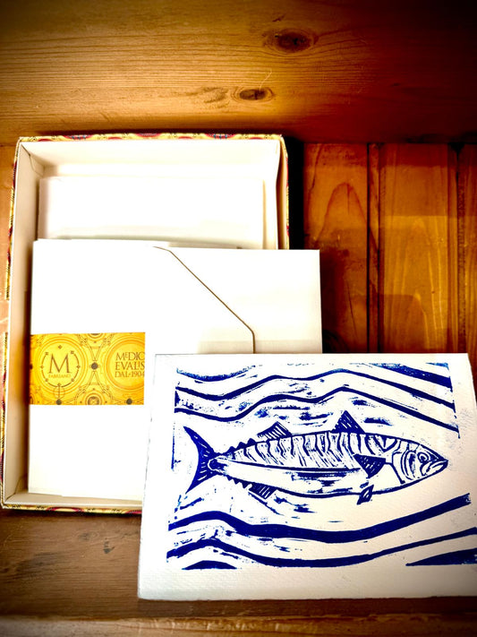 Hand printed card ~ Mrs Mackerel ~ blue
